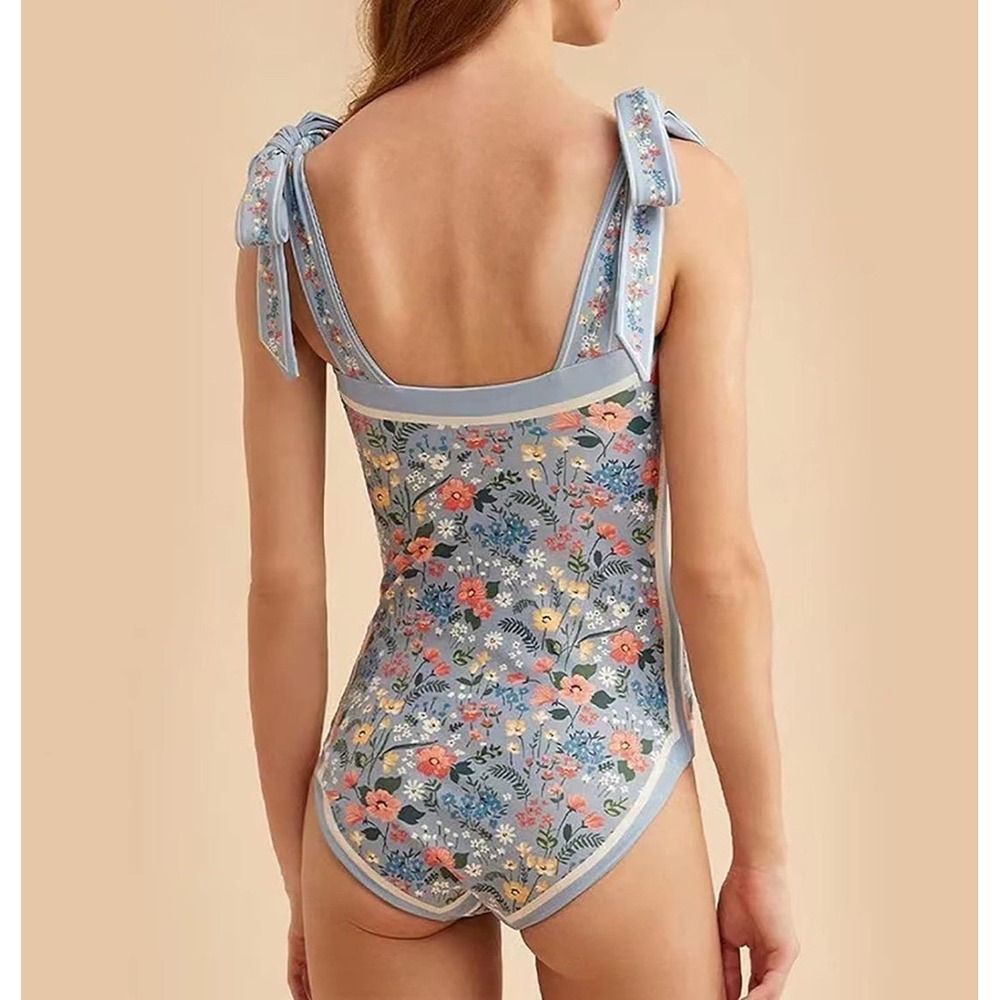 Floral Tie Shoulder One Piece Swimsuit Blue Reversible Square Neck Swimwear